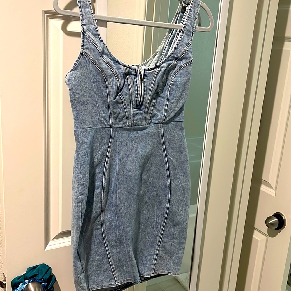 Hello Molly denim body con mini dress with zipper, medium